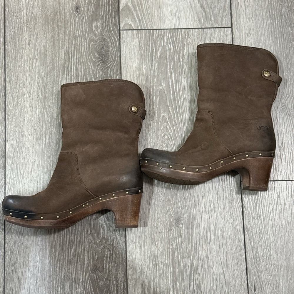 UGG Fold Over Size 8 Brown Leather‎ Sheepskin Cuff LYNNEA Ankle Calf Boots Shoes